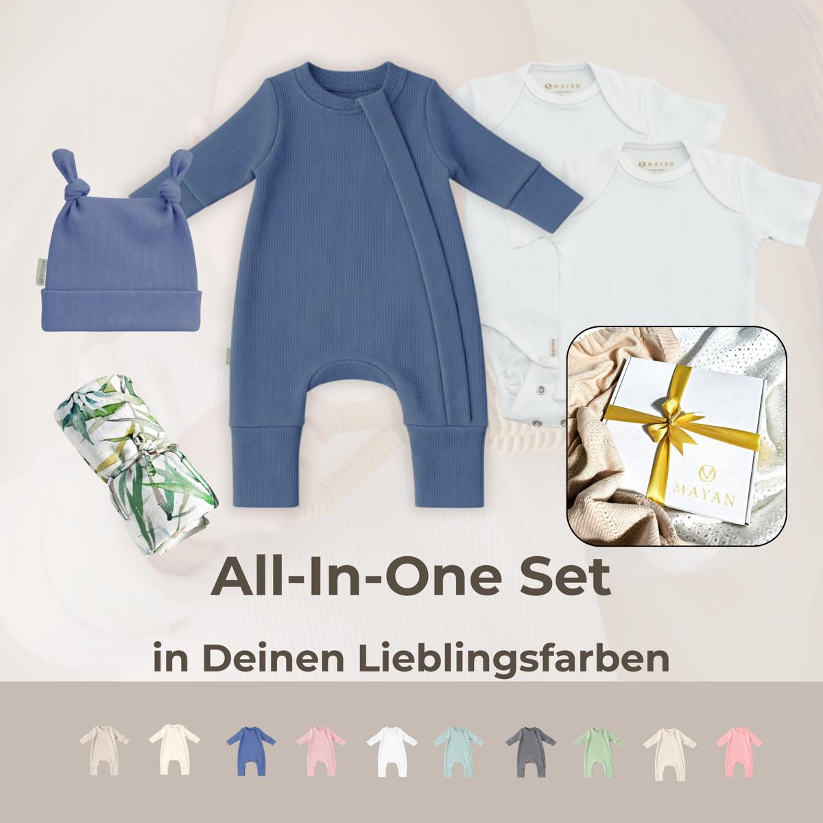 All-In-One SET als GESCHENK verpackt (Romper, Beanie, 2x Body & Musselintuch)